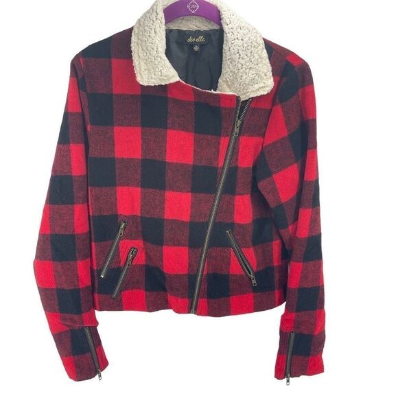 Dee Elle Vintage Red Buffalo Plaid Sherpa moto Jacket angle zip Medium - Picture 5 of 9